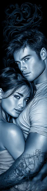 Free dark romance bookmark featuring a couple in blue-gray tones